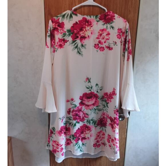 Umgee Floral Tunic Dress Pink Rose Print Loose Sheath Boho Cottage Size Medium - Picture 4 of 10